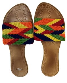 Kamari Wayuu Sandal (Size 7.5) - Wuitusu Multicolor Slip-on Slides For Summer, Casual Toe Ring Sandals For Beach With Open Heel, Multicolor Round Toe Mules For Summer, Multicolor Open Toe Mules, Casual Open Heel Beach Slippers, Multicolor Slip-on Beach Mules, Multicolor Slip-on Mules For Beach, Brown Open Toe Woven Sandals, Brown Woven Open Toe Sandals