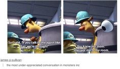 two pictures of the same cartoon character talking to each other with caption in front of them