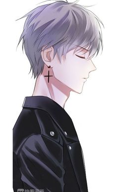 an anime character with grey hair and a cross on his neck, looking to the side