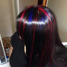 Different Colored Highlights, Colourful Streaks Hair, Blue And Red Highlights In Black Hair, Red And Blue Highlights In Brown Hair, Red And Blue Streaks In Hair, Blue And Pink Highlights In Black Hair, Multi Dyed Hair, Y2k Hair Color Curly, Tik Tok Pfps Y2k