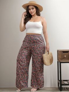 Ebeek - Womens Plus Size Bohemian Pants, Chic Ditsy Floral Print Elastic High Rise Wide Leg Trousers Casual Wide Leg Pants With Boho Print, Floral Print Beach Bottoms, Casual Boho Print Pants For Spring, Casual Floral Print Wide Leg Pants, Casual Non-stretch Floral Print Wide Leg Pants, Floral Print Wide Leg Harem Pants For Vacation, Non-stretch Floral Print Vacation Bottoms, Bohemian Ankle-length Floral Pants, Casual Floral Print Wide Leg Harem Pants