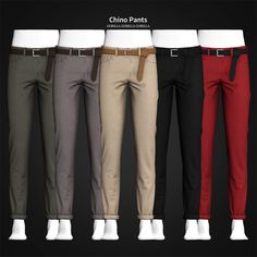 five pairs of chino pants with different colors