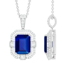 Emerald Cut Created Blue Sapphire Vintage Pendant Necklace with Diamond Lab Created Blue Sapphire - ( AAAA ) - Quality - Rosec Jewels Necklace With Diamond, Blue Sapphire Necklace, Vintage Pendant Necklace, Princess Cut Diamond, Sapphire Pendant, Vintage Pendant, Sapphire Necklace, Princess Cut Diamonds, Solid Metal