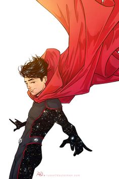 a drawing of a man in a red cape flying through the air with his hands on his hips