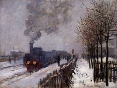 a painting of a train coming down the tracks in the snow with people walking by