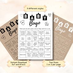 two baby shower games are shown on top of each other, with the names and numbers below them