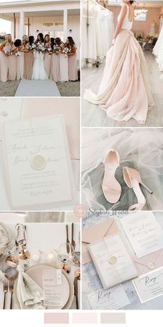 a collage of photos showing different types of wedding dresses and bridesmaid's shoes