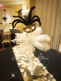 a masquerade is sitting on top of a table with lights all around it