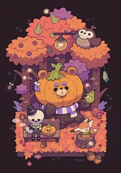 a cartoon bear surrounded by pumpkins, flowers and other items on a black background