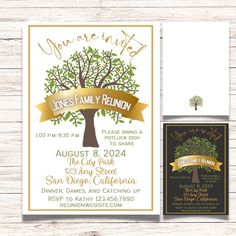 a family reunion card with an image of a tree and ribbon on the front, along with