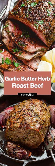 garlic butter herb roast beef in a skillet