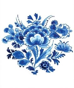 a blue and white vase with flowers on it