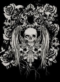 a skull with wings surrounded by roses and skulls on a black background, in the shape of an angel