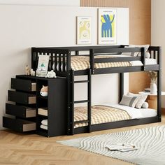 there is a bunk bed with stairs in the room