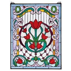 a stained glass window with red flowers and swirls on the bottom, surrounded by green leaves