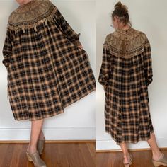 "Amazing and unique vintage 1980s Zandra Rhodes hand painted suede bib with tassels dress. Tartan plaid, pockets with suede details. In excellent vintage condition. Measurements taken flat (double for fit): 30\" collar to cuff (raglan sleeve) 32\" across chest  40\" length" Plaid Bohemian Dresses For Fall, Bohemian Plaid Dress For Fall, Bohemian Plaid Fall Dresses, Tassels Dress, Red Wing Style, Zandra Rhodes, Tassel Dress, Vintage Suede, Purple Suede