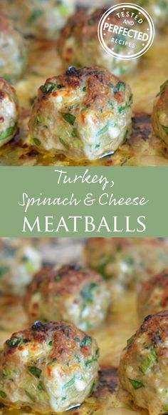 spinach and cheese meatballs on a baking sheet with text overlay that reads turkey spinach and cheese meatballs