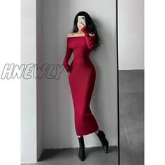 Hnewly Slash Neck Tight Long Skinny Hip Sleeve Maxi Sweater Dress Red Korean Fashion Tops Red / S Long Bodycon Dress For Winter, Fitted Long Bodycon Dress For Winter, Non-stretch Solid Color Winter Bodycon Dress, Winter Non-stretch Solid Color Bodycon Dress, Red Bodycon Dress For Winter Night Out, Red Non-stretch Winter Dress, Red Stretch Bodycon Dress For Winter, Red Stretch Bodycon Winter Dress, Burgundy Long Sleeve Bodycon Dress