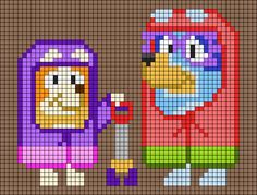 two pixellated characters are standing next to each other, one is holding his hand