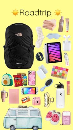 the back to school road trip poster is filled with items