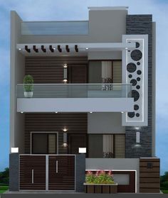 the front view of a two story house with balconyes and balconies on each floor