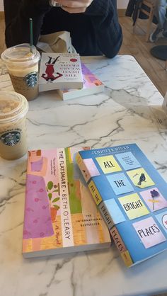 a person sitting at a table with two books and a cup of coffee in front of them