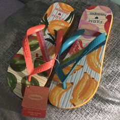 Havaianas Farm Tropical Fruit/Orange Citrus Sandals Nwt Size 9-10 Yellow Summer Flip Flops For Beach Season, Multicolor Non-slip Slip-on Flip Flops, Orange Flip Flops For Beach Season, Orange Summer Flip Flops For Vacation, Summer Orange Flip Flops For Beach, Yellow Fun Slip-on Sandals, Orange Flat Flip Flops For Summer, Yellow Round Toe Slippers For The Beach, Yellow Round Toe Beach Slippers