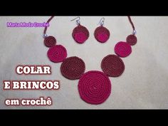 a crocheted necklace and earring set with beads on the bottom is shown