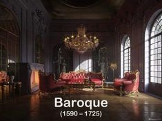 an ornate living room with red couches and chandelier