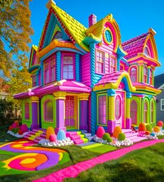 a large colorful house is in the grass