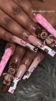 Baby Shower Nails, Brown Acrylic Nails, Junk Nails, Cute Pink Nails, Bears Nails, Drip Nails, Long Nail Designs, Cute Acrylic Nail Designs, Long Acrylic Nails Coffin