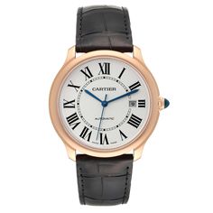 Cartier Ronde Louis Rose Gold Silver Dial Automatic Mens Watch WGRN0011. Automatic self-winding movement. 18k rose gold case 40.0 mm in diameter. Transparent exhibition sapphire crystal caseback. Beaded crown set with blue sapphire cabochon. . Scratch resistant sapphire crystal. Sandblasted silvered dial with black Roman numerals. Sword shaped blued steel hands. Secret Cartier signature at VII. Date window at 3 o'clock. Semi-matte grey alligator leather strap with an 18K rose gold deployant buck Elegant Automatic Diamond Watch, Elegant Automatic Diamond Watch For Business, Elegant Yellow Gold Automatic Watches, Formal Yellow Gold Automatic Watches, Elegant Cartier Watch With Subdials, Elegant Round Watches With Chronometer, Timeless Rose Gold Watch With Subdials, Rose Gold Chronometer Watch, Timeless Style, Timeless Rose Gold Chronometer Watch