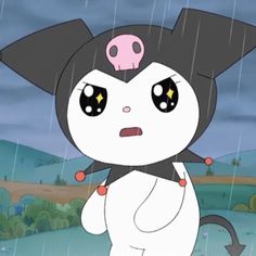 a cartoon character is standing in the rain with an animal on his back and it's eyes open