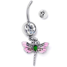 Product DetailsPink Clear Gem Bright Dragonfly Pink Dangle Belly Ring Let your piercings soar with style when you're rocking this 14 gauge navel ring. It is made with a 3/8 inch 316L surgical grade stainless steel curved barbell with a 5mm top ball end. The bottom ball end is 8mm and set with a clear gem. Dangling beneath it is a dragonfly charm, with pink and clear gems set in the body. The wings and body are embellished with pink and blue inlay for a look you can't miss. Spread your wings and Nickel-free Pink Belly Rings As Gift, Adjustable Nickel-free Pink Belly Rings, Belly Piercing Jewelry, Colorful Dragonfly, Dangle Belly Rings, Dragonfly Charm, Navel Ring, Button Rings, Belly Piercing