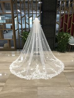 a white wedding veil on the floor in front of a building with windows and plants