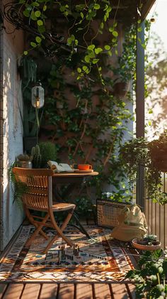 an outdoor patio with plants and furniture