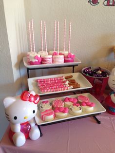 a hello kitty themed birthday party with cake, cupcakes and desserts on the table