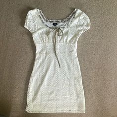 This Dress Is So Cute It Has A Working Zipper On The Side And His Brand New, Square Neckline Without Tags Fitted Lace Summer Mini Dress, Fitted Lace Mini Dress For Summer, Casual Fitted Mini Dress With Lace Trim, Casual Mini Dress With Lace Trim And Short Sleeves, Casual Cream Lace Mini Dress, Fitted Cream Mini Dress With Lace Trim, Cream Mini Dress With Lace Trim And Short Sleeves, Casual Lace Mini Dress With Short Sleeves, Casual Short Sleeve Lace Mini Dress