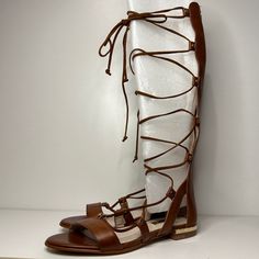 Brand New Louise Et Cie Brown Leather Gladiator Open Toed Sandal That Has A Golden Zipper That Rides Up The Leg. Straps That Tie In The Front In Gladiator Style. Shoe Box Not Included. Brown Leather Gold Zipper Gladiator Flat Fun. Spring Brown Leather Lace-up Sandals, Brown Leather Ankle Strap Lace-up Sandals, Flat Leather Lace-up Sandals, Gladiator Flats, Leg Straps, Shoes Brand, Gold Zipper, Shoe Box, Shoe Brands