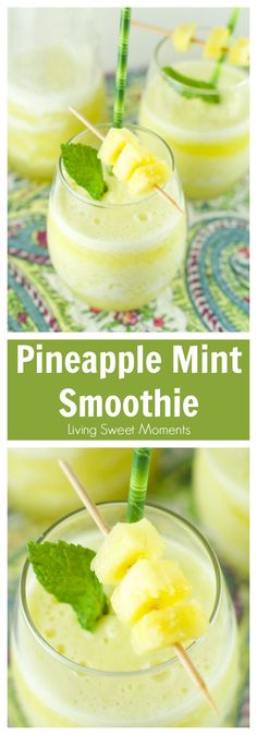 pineapple mint smoothie in small glasses with straws