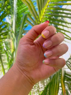 Colorful French Tip Short Nails, Multicolor French Tip Nails Short, Multi Colored French Tip Nails Short, Short Colorful French Nails, Subtle Pride Nails Short, Spring Nail Colors 2023, Nail Colors 2023 Summer, Nail Colors 2023, Summer Nails Designs