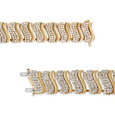 Make your grand entrance with this luxurious diamond link bracelet. Crafted from weaves of warm 14K Yellow Gold, this gorgeous look features curved vertical links alternating with sparkling diamond-lined and polished finishes. The bracelet showcases alternating S or wave shaped columns of sparkly diamonds and warm gold. The 5/8” wide serpentine bracelet features 15 carat total weight of diamonds with over 430 individual stones! Spectacular with a stunning 15 cts. t.w. of diamonds and a brilliant Serpentine Bracelet, Wave Bracelet, Grand Entrance, Ring Collections, Sparkle Diamonds, Link Bracelets, Yellow Gold, Bracelet, Stone