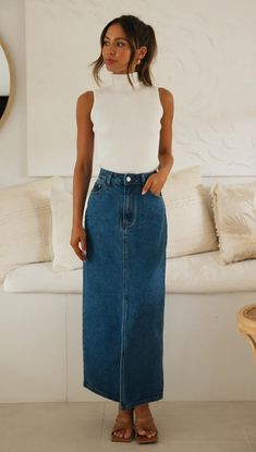 Details: Split trim Denim fabric High waisted skirt SIZE(IN) Waist Length S 24.4 41.3 M 26.0 41.7 L 27.6 42.1 XL 29.1 42.5 Jean Skirt Outfits Summer, Jean Skirt Outfits, International Clothing, Denim Midi Skirt, Midi Skirts, Midi Maxi Dress, Romper Pants, Clothing Size Chart, New Arrival Dress