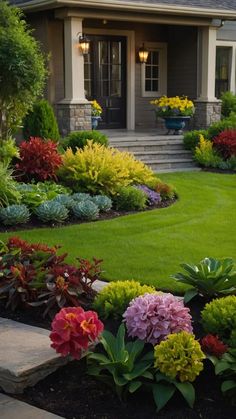 the front yard is full of colorful flowers