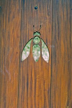 a wooden door with two bugs on it's side and one bug in the middle