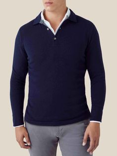 Knitted in Bergamo, Northern Italy, from the finest two-ply cashmere, our most luxurious polo offers the perfect balance of elegance and versatility. Weighing approximately 300 grams, this polo provides high-quality insulation, making it ideal for layering from autumn to spring. Unlike our regular jumpers, this design features the fit of a polo, with straight arms and body. It will gently adapt to your body shape, offering an elegant drape that ensures a modern, comfortable silhouette.    We are Business Casual Looks, Cashmere Polo Sweater, Smart Attire, Mens Office Wear, Cashmere Suit, Cashmere Polo, Versatile Sweater, Mens Cashmere, Fall Outfits Men