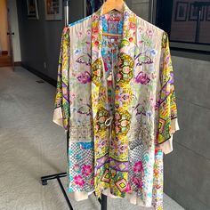 Johnny Was Silk Kimono, Nwt Silk Long Sleeve Summer Outerwear, Spring Silk Outerwear With Kimono Sleeves, Silk Outerwear With Kimono Sleeves For Spring, Bohemian Multicolor Outerwear For Daywear, Multicolor Bohemian Outerwear, Spring Silk Kimono With Floral Embroidery, Long Sleeve Printed Silk Kimono, Spring Silk Kimono With Embroidery, Spring Embroidered Silk Kimono