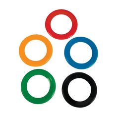 four different colored rings sitting in the middle of a white background with black, red, and green circles