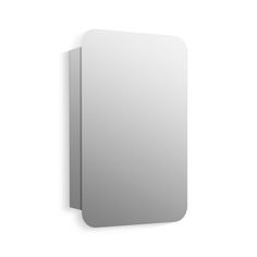 a mirror mounted to the side of a white wall next to a light switch on a wall