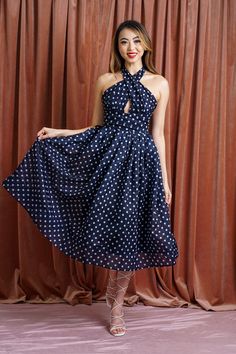 DCD DRESSES Navy White Polka Dot Flared Dress Flare Midi Skirt, Open Back Maxi Dress, Midi Flare Skirt, Skirt Fabric, Flared Dress, Waist Band, Navy White, Tie Back, White Polka Dot